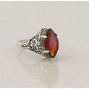 Sterling Silver Red Cubic Zirconia and Marcasite Ring Size 6 3/4
